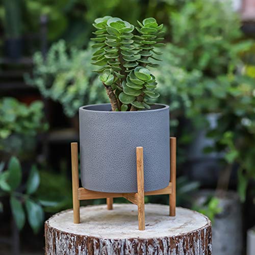 NCYP Gray Cement Planter Pot Bamboo Stand Set Modern Indoor Round Concrete Container Holder Flower Plants Cactus Succulents Areca Palm Fiddle-Leaf Fig
