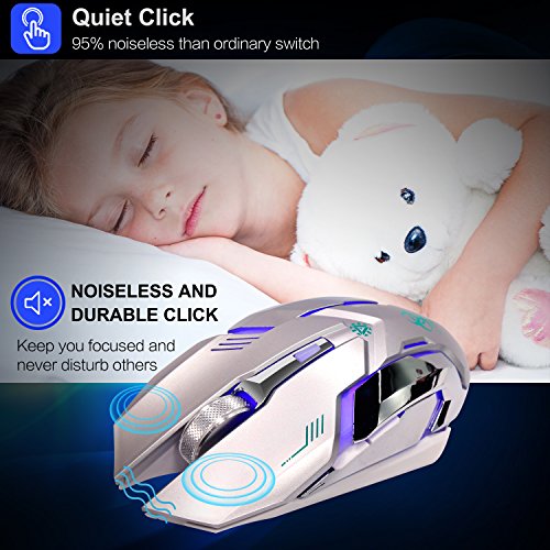 VEGCOO C9s (Updated Version) Wireless Gaming Mouse, Rechargeable Silent Click Mice with Nano Receiver, Changing Breathing Backlit, 3 Adjustable DPI Up to 2400 for Laptop, PC, MacBook (C9s Sliver)
