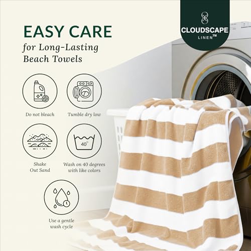 Cloud Scape Linen 6 Pcs Oversized Cotton Beach Towel Set | Quick Dry, Highly Absorbent & Extra Large 76x152 cm Pool Towels | Beige Cabana Stripe for Family, Travel, Gym, & Picnic