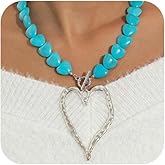 Douxsu Vintage Western Chunky Silver Large Hammered Heart Pendant Necklaces for Women Beaded Love Turquoise Chain Choker Necklace Boho Exaggerated Jewelry Gift