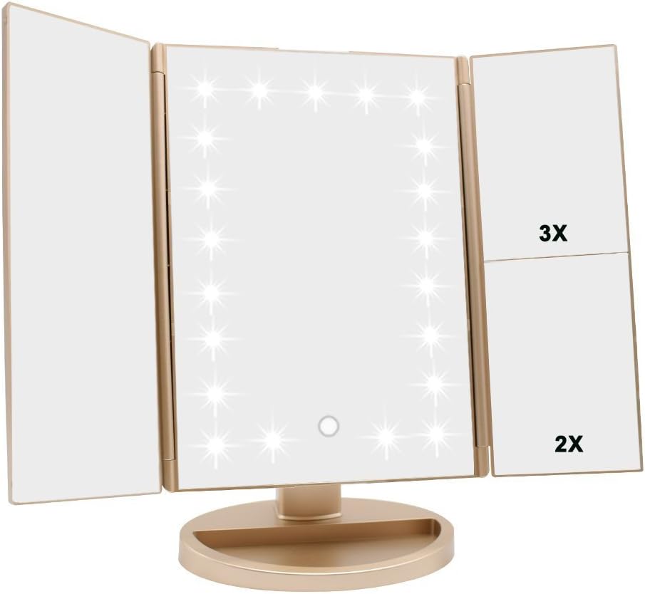 Flymiro Tri-fold Lighted Vanity Makeup Mirror with 3x/2x Magnification,21 LEDs Light and Touch Screen,180 Degree Free Rotation Countertop Cosmetic Mirror,Travel Makeup Mirror (Rose Gold): Home & Kitchen