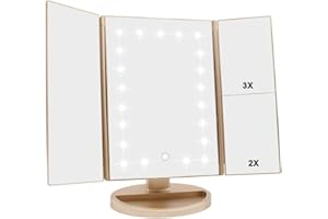 Flymiro Tri-fold Lighted Vanity Makeup Mirror with 3x/2x/1x Magnification, 21Leds Light and Touch Screen,180 Degree Free Rotation Countertop Cosmetic Mirror,Travel Makeup Mirror (Gold)
