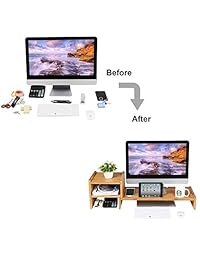 SONGMICS   Soporte para monitor de bambú para portátil o teléfono móvil, con organizador de escritorio de 2 niveles, patentado ULLD217