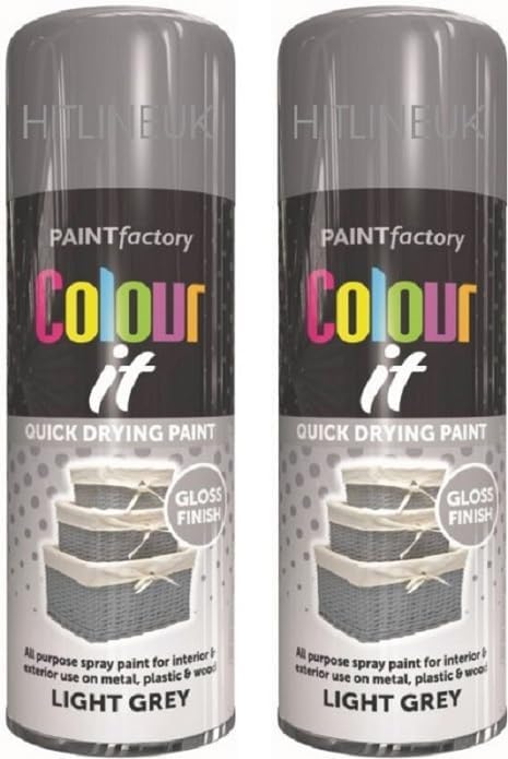 HitlineUK 2 x 400ml Light Grey Gloss Spray Paint Quick Dry Plastic Metal Wood