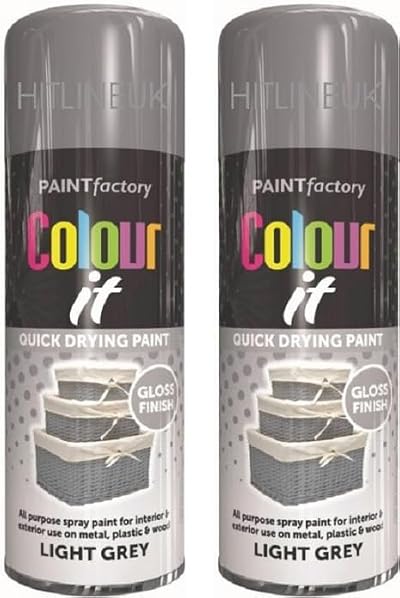 HitlineUK 2 x 400ml Light Grey Gloss Spray Paint Quick Dry Plastic Metal Wood