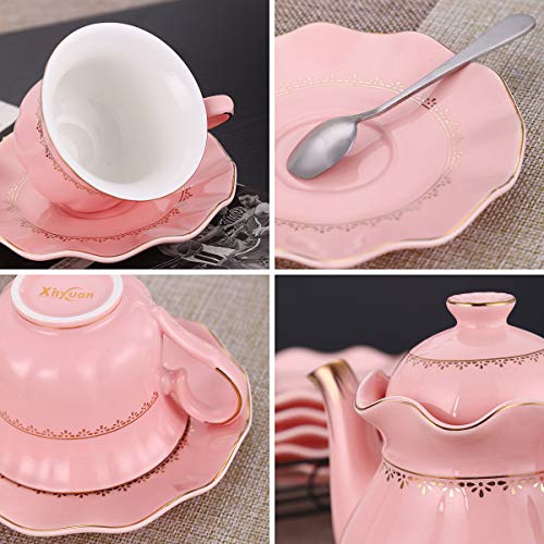 22-Piece Porcelain Ceramic Tea Gift Set with Metal Holder, Coffee Service Set with Cups, Saucers, Teapot, Sugar Bowl, Creamer and Teaspoons.