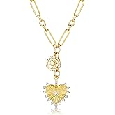 Zissunbeam Chunky Charm 18k Gold Plated Choker Necklace for Women,Sun Heart Evil Eye Pendant Paperclip Chain Necklace,Popular Summer Statement Vintage Jewelry Boho Necklaces for Women