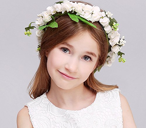 KSDN Wedding Flower Girls Headpiece Halo Garland Hair Wreath With Wrist Band White