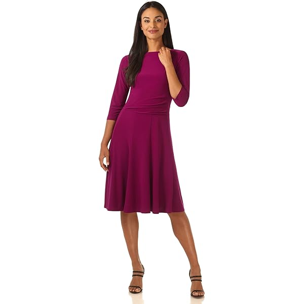 London Times Women's Dresses Short Sleeve Crepe Fit and Flare Midi with Waist Button Detail, Mulberry, 4 at Amazon Women's Clothing store London Times Women's Dresses Short Sleeve Crepe Fit and Flare Midi with Waist Button Detail, Mulberry, 4 at Amazon Women's Clothing store