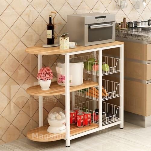 Home Improvement Mansion Multifunctional Kitchen Wood Top Storage Shelves Organizer Dining Cart Baker Cabinet Basket Area Dinnerware Rack Microwave Oven Floor Shelf Storage Cupboard Holder Utility Dec