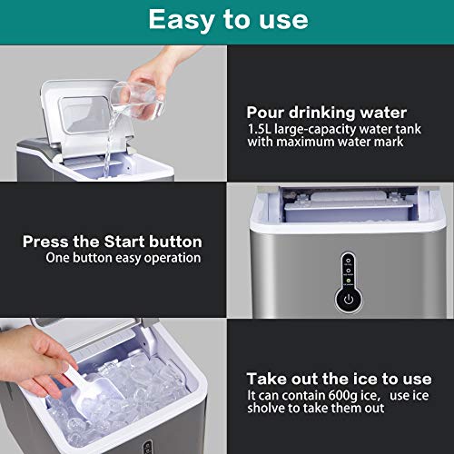 Eiswürfelmaschine, 12kg Eiswürfel 24h, Eiswürfelbereiter Edelstahl, 1L Wassertank,Eismaschine, Ice Maker 120W… – Bild 8