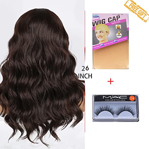 Long Brown Wavy Wig for Women Middle Parting Synthetic Wavy Hair Wigs Long Brown Wig Heat Resistant Hair for Cosplay Daily Party Use (26 Inch, Brown)