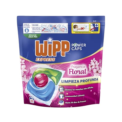 Power Caps Detergente Floral en Cápsulas para Lavadora, 33 Dosis, Limpieza Profunda, Eficaz en Agua Fría