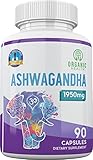1950 mg Ashwagandha 100% Organic for Anxiety & Stress Relief | 90 Capsules & GMO free | Pharmacist Approved by Organic Health