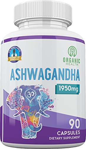1950 mg Ashwagandha 100% Organic for Anxiety & Stress Relief | 90 Capsules & GMO free | Pharmacist Approved by Organic Health