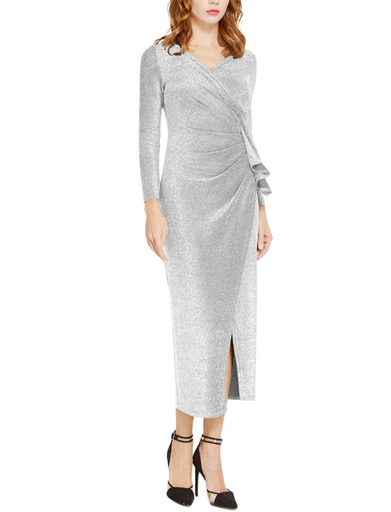 Aiyou Women\'s Long Sleeve Wrap Dresses - Sexy Glitter Ruched V Neck High Slit Maxi Dress Small White