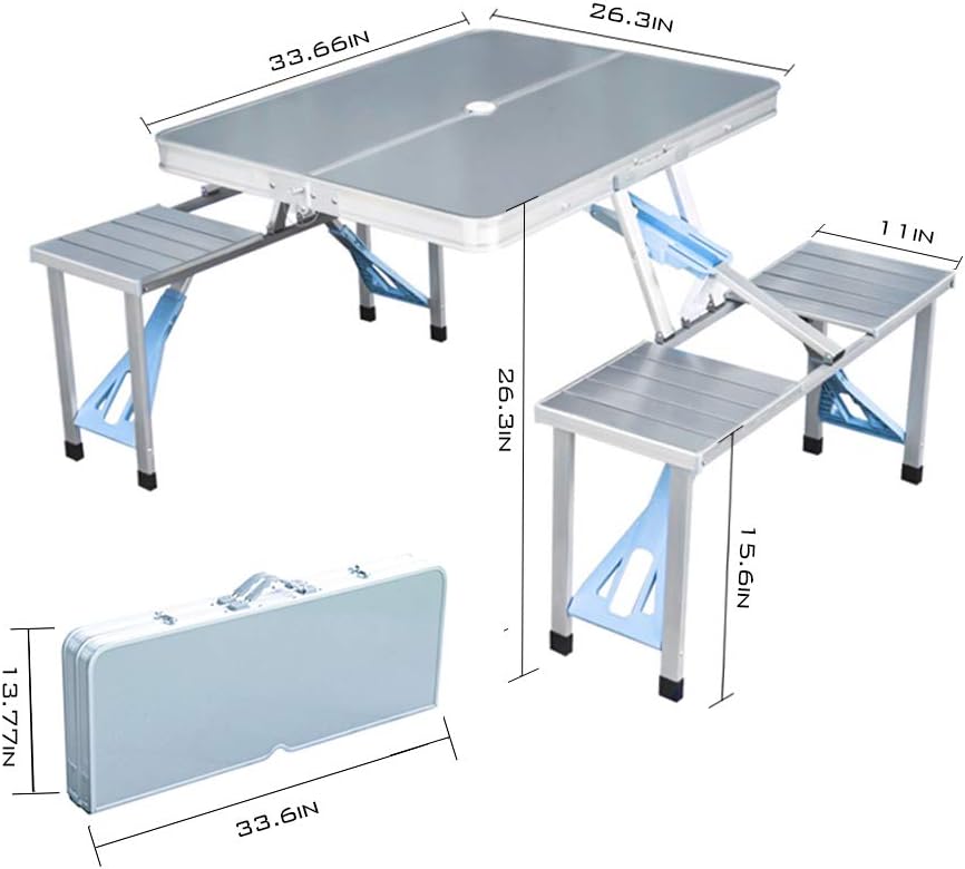 Folding Picnic Table and Beach Set, Siamese Tables and Chairs Set, Aluminum Alloy Portable Desk with 4 Seats for Indoor Outdoor Travel, Camping.Hole for Parasol, Foldable with Handle(Aluminum): Kitchen & Dining