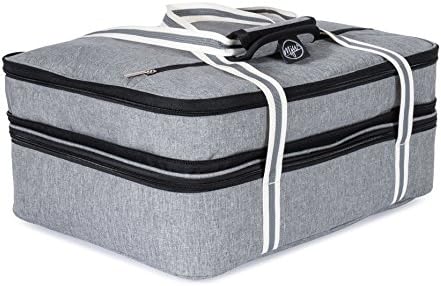 MJW Extra-large Double Layered Expandable Insulated Casserole Carrier and Lasagna Holder, Hot and Cold Thermal Lunch Tote Bag for Potluck, Picnic, Camping and Beach Trip in Oxford Gray