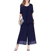 Women's 2 Piece Chiffon Sets Outfits Flowy Summer Casual Dressy Pantsuits Loose Double Layers Blouse Pants Sets