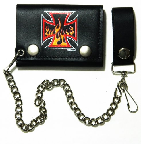 Independent Flames Biker Chain Leather Wallet Tri Fold