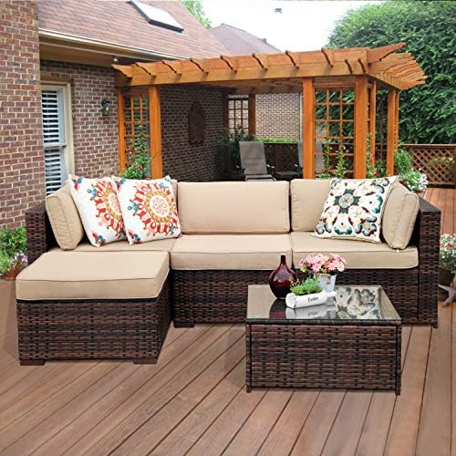 Super Patio Outdoor Patio Furniture Set, 5-Piece All Weather PE Brown Wicker Set Sofas with Glass Coffee Table and Ottoman, Steel Frame, Beige Cushions