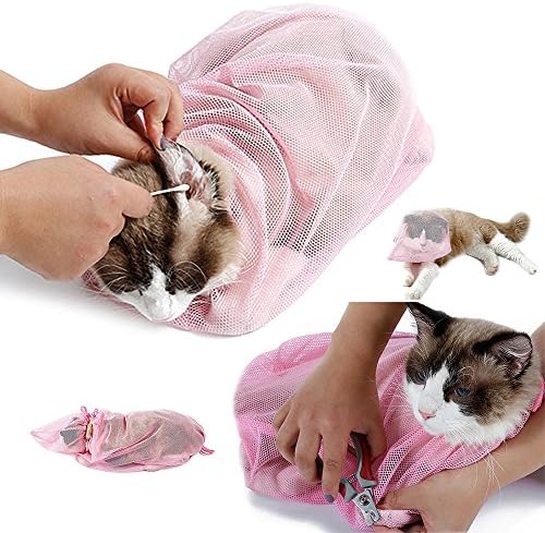 Mbangde Pet Grooming Adjustable Mesh Bags for Pets Cats Ear Cleaning, Nail Trimming with Head Bag
