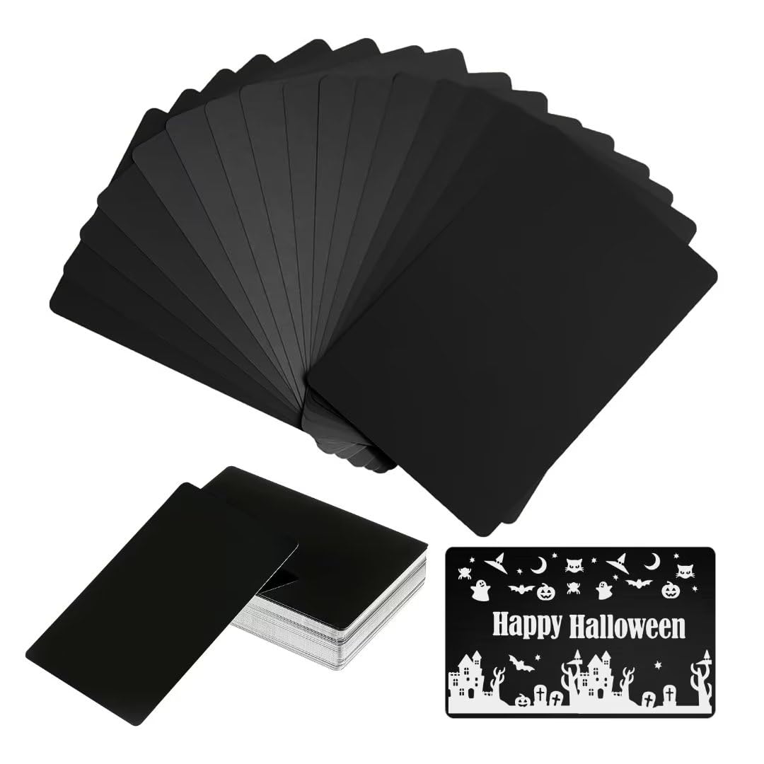 FONLAND 50pcs/Set 0.4mm Thickness Aluminum Metal Business Cards DIY Engraving Card Home Office Supplies Aluminum Blank Laser Blanks for Engraving(Matte Black)