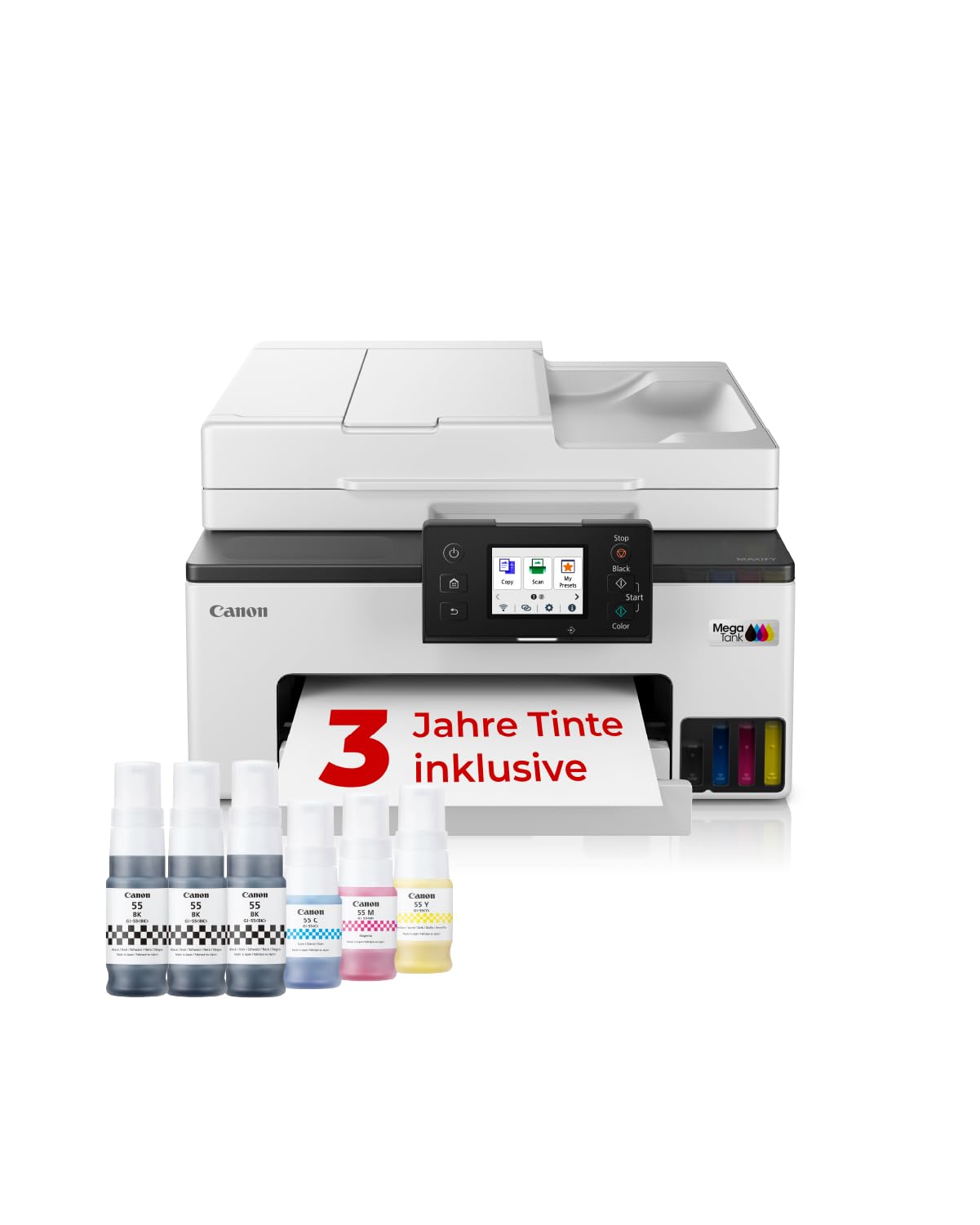 Canon MAXIFY GX2050 Tintenstrahldrucker 4-in-1 Multifunktionsgerät DIN A4 (Drucker, Scanner, Kopierer, Fax, ADF, 600x1200 DPI, WLAN, USB, Duplexdruck, 250 Blatt Kassette) Enthält 6 x Tintenflaschen