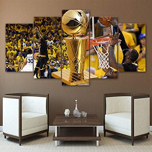 SFXYJ HD Printed Pictures Framework Canvas Wall Art, 5 Pieces Gold Trophy Basketball Match For Living Room Home Decoration Painting Poster,B,30×40x2+30×60x2+30x80×1