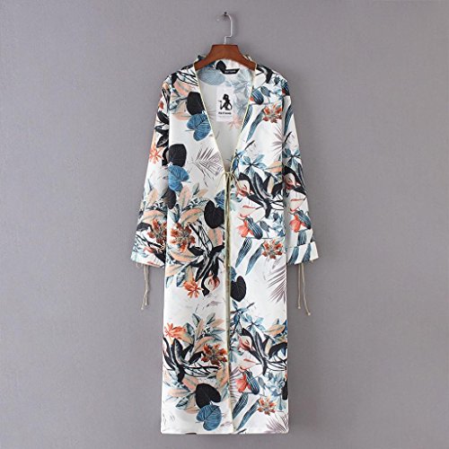Sumen Womens Floral Print Beachwear Cover UPS Boho Long Kimono Cardigan (XXL, White) - Thumbnail 4