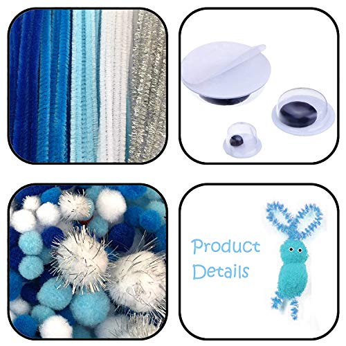 DOITEM 500 pcs Craft Pipe Cleaners Chenille Stems Bundle Including 100 Pipe Cleaners, 250 Pom Poms, 150 Wiggle Eyes, Blue and White