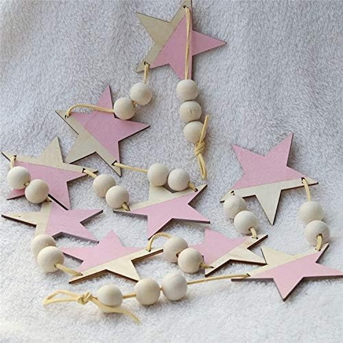 PAPWOO Tent Ornament Nordic Wooden Star & Beads Garland Hanging Banners Children's Bedroom Handmade Tent Decoration Props Girl Baby Room Wall Decor Hanging Curtains (Pink)