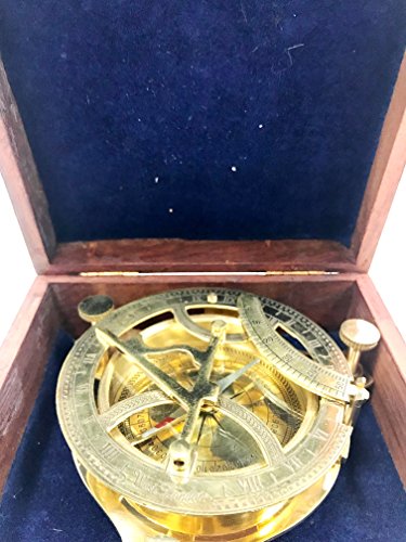 INDIA OVERSEAS TRADING CORP 4.5" Sundial Compass With Teak Wood Box Inlaid With Solid Brass