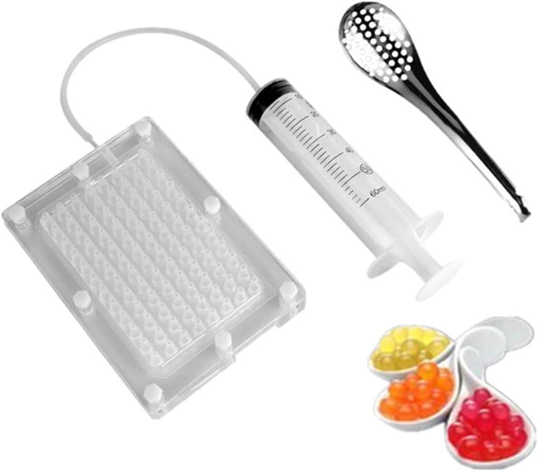 Caviar Maker, MNHOME Molecular Gastronomy Kit - 96 Holes Roe Sauce Maker Tool with Spoon & Syringe Acrylic Caviar Strainer Box