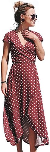 HIKA Women's Summer Chiffon V-Neck Wrap Irregular Hem Polka Dot Maxi Beach Dress