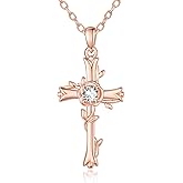 SilvecFantasy Rose Gold Cross Pendant Necklace for Women Rose Cross Jewelry Diamond April Birthstone Necklace Catholic Christian Religious Valentines Day Birthday Gifts for Wife Girlfriend Her
