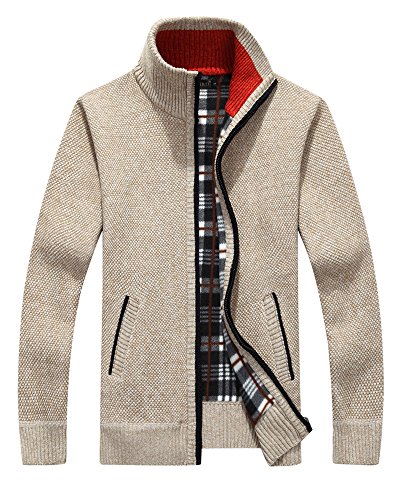 Vcansion Men's Wool Zip up Cardigan Pullover Sweater Beige US L/Asia XL