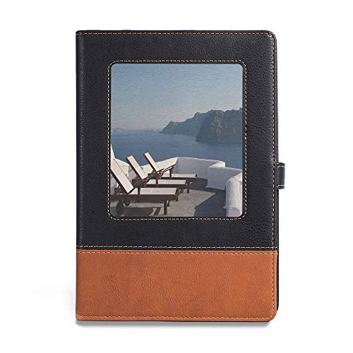 Bound Notebook,Travel Decor,A5(6.1" x 8.6"),Leather Binder Notebook,Sunlounger at Terrace in Santorini Greece Resort Relaxation,