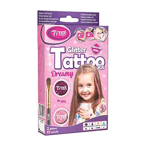 Tytoo Glitzertattoo Set für Mädchen mit 15 Schablonen- Seine Anwendung ist auch für Kinder mit empfindlicher Haut sicher und hält bis zu 18 Tage - 100% Geld-zurück-Garantie, Rosa