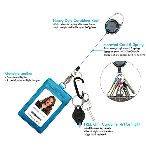Genuine Leather ID Badge Holder Wallet with Heavy Duty Carabiner Retractable Reel, Key Ring and Metal Clip, 3 Card Pockets. Holds Multiple Cards & Keys. Key Chain Flashlight. Vertical. Carolina Blue