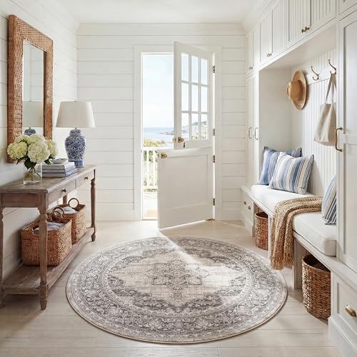 SAFAVIEH Traditional Rug for Living Room, Dining Room, Bedroom - Brentwood Collection, Short Pile, in Cream and Grey, 160 x 160 cm