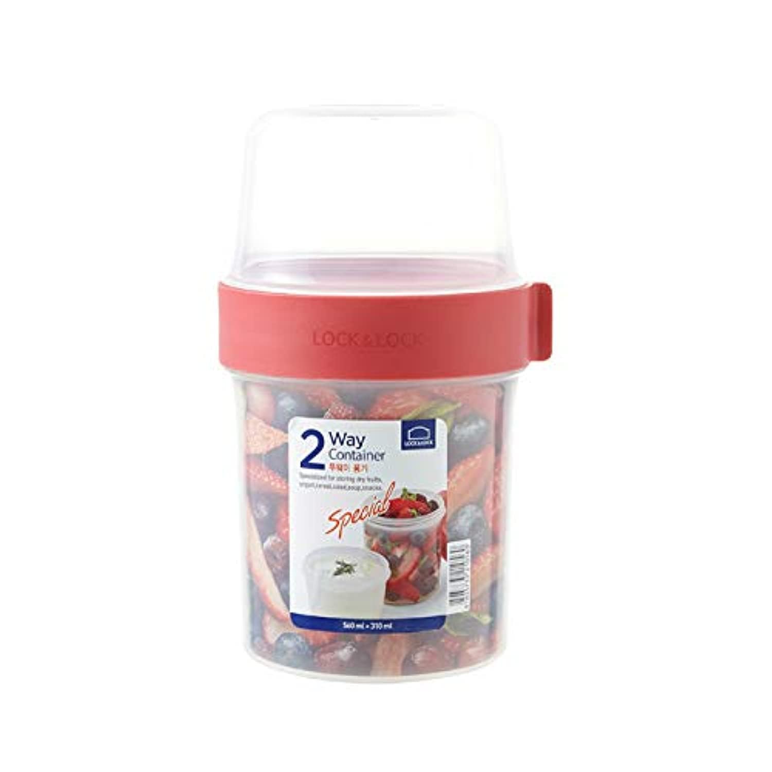LOCK & LOCK Two-Way Plastic Cereal to Go Cup - Small Lunch Box with Screw Lid and Two Containers - 560ml & 310ml