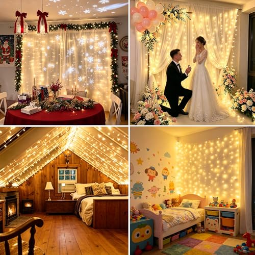 Dekofun Pack of 2 3 x 3 m 300 LED Curtain Lights with Socket, Timer, 8 Modes, IP65 Waterproof Waterfall Lights for Outdoor Indoor Balcony Garden WeddingTerrace, Warm White