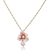Cherry Blossom Pendant Necklace for Women Handmade Enamel Pink Flower Pearl Necklace 18K Gold-Plated Adjustable Jewelry Gift for Her Anniversary Birthday Valentine's Day