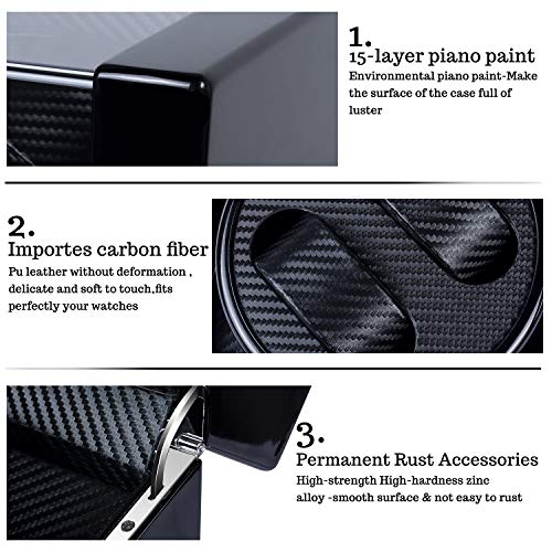 Kalawen Double Watch Winder Luxury Wooden Storage with Quiet Japanese Mabuchi Motor for All Automatic Mechanical Watches with Quiet Motor AC Adapter or Battery Powered for 2 Men's or Ladies', Black - Thumbnail 2
