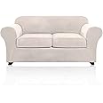 PrinceDeco Velvet Couch Cover Loveseat Covers for 2 Cushion Couch 3 Piece Sofa Covers for Dogs Washable Loveseat Covers Width Up to 72 Inch No Slip Stretch Sofa Slipcover(Medium, Ivory)