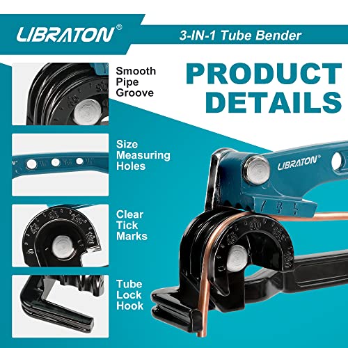 Libraton Manual Pipe Bender, 180 Degree Copper Pipe Bender, 3 in 1 Pipe Bender, for Bending the Pipe in Copper, Aluminium, Brass and Thin Steel for Repair of Air Conditioning System