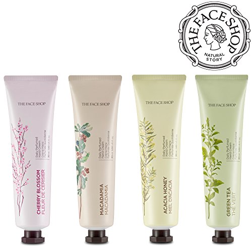 The Face Shop Daily Perfume Hand Cream (1 Oz Each) X 4 Qty Green Tea, Cherry Blossom, Macadamia, Acacia Honey
