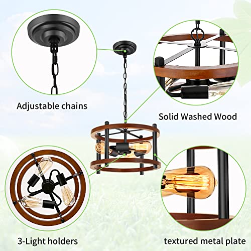 3-Light Farmhouse Pendant Lights Kitchen Island, Black Semi Flush Mount Ceiling Lamp Dining Room Lightting Fixture, Industrial Rustic Wood Hanging Chandelier for Over Sink,Hallway, Entryway