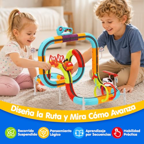 hahaland Electric Toy Train Children 115 Pieces, Anti-Gravity 3D Track with 2 Rechargeable Vehicles, Lights and Music, STEM Building Set, Gift Boy Girl 3 4 5 6 Years Old